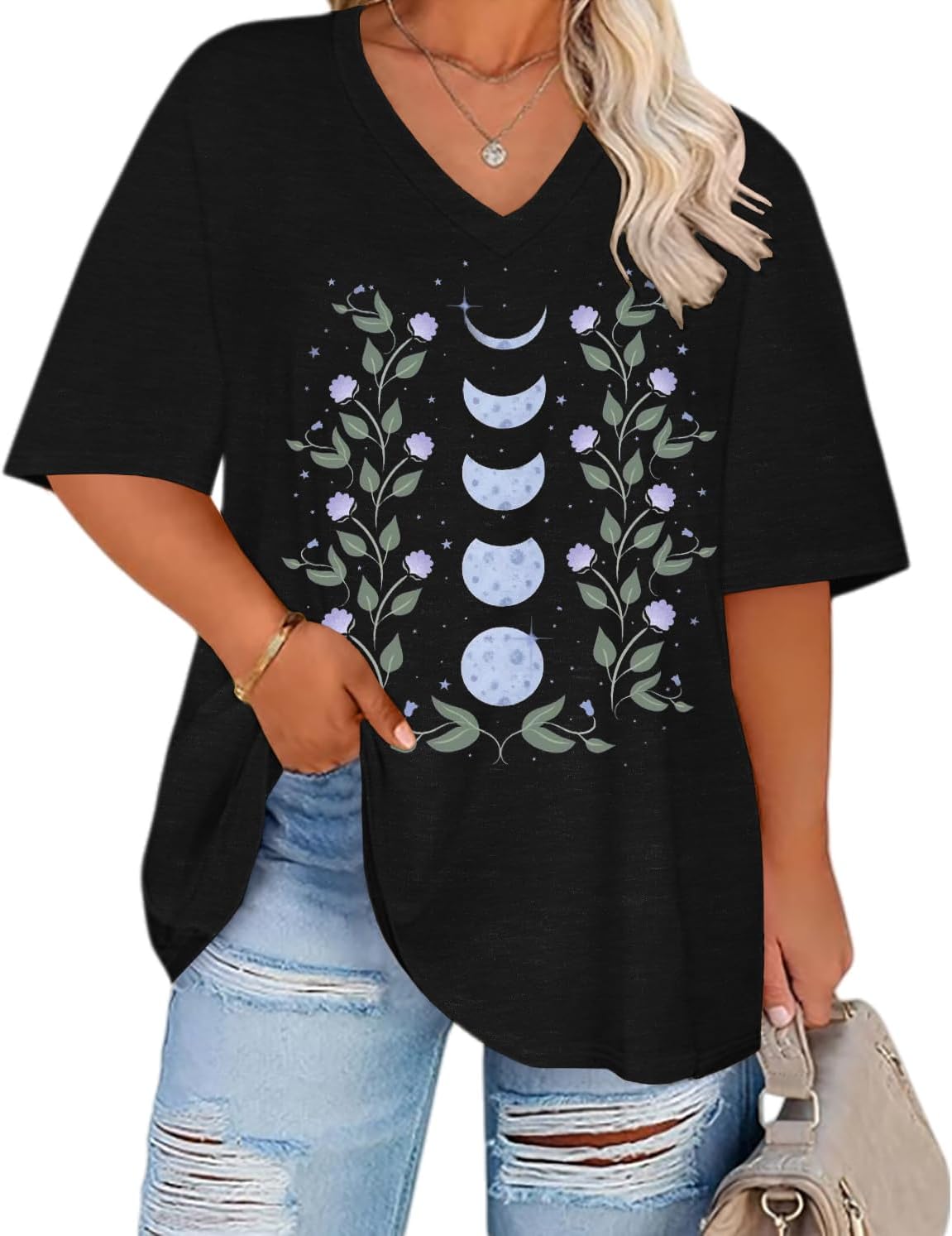 HDLTE Plus Size Tops for Women Oversized Graphic Tshirt V Neck Summer Tees Short Sleeve Casual Loose Fit Blouses