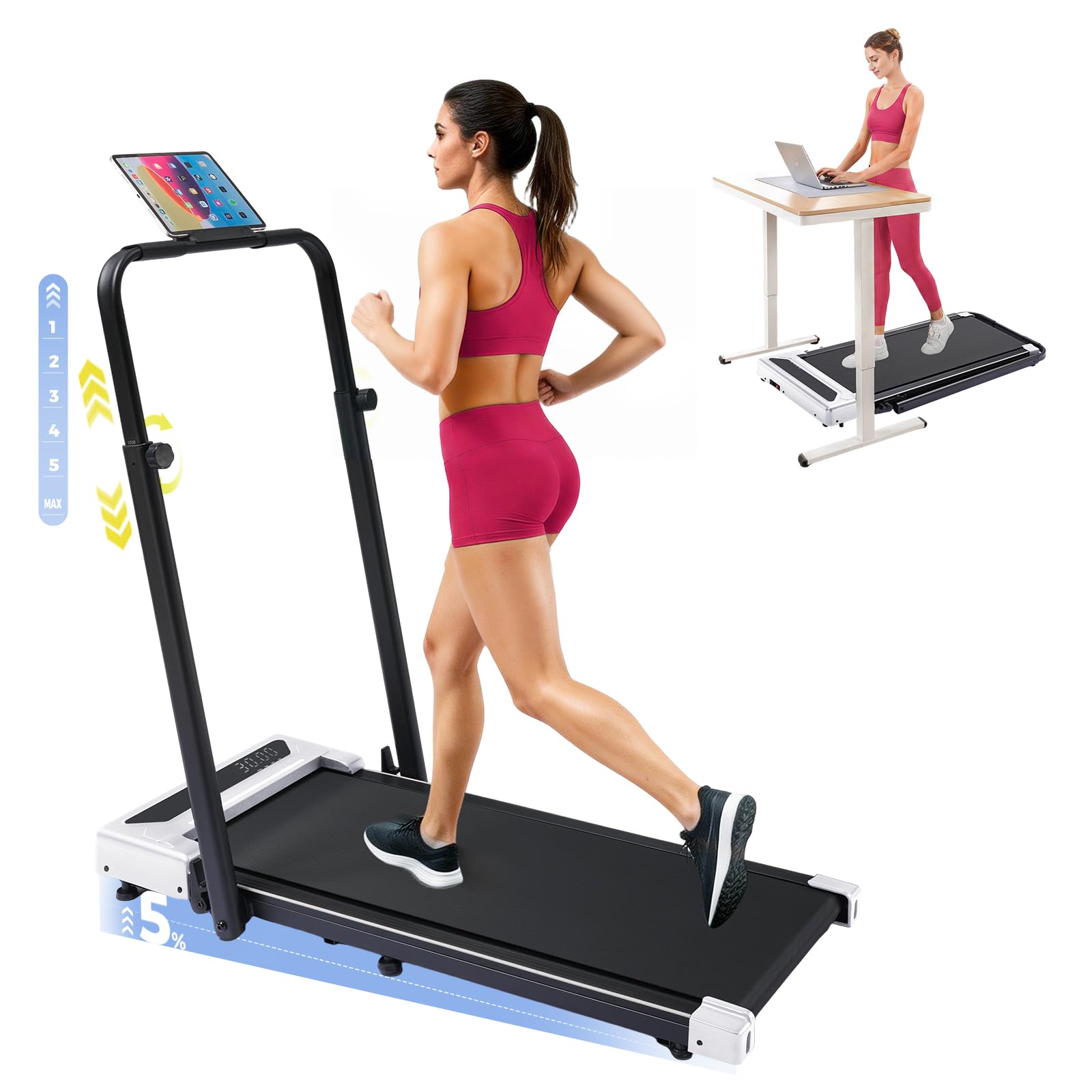 GTRACING Walking Pad with Incline & Height-Adjustable Handlebar, 5-in-1 Foldable Treadmill for Home & Office, Portable Under Desk Treadmill 350LB with Remote Control LED Display