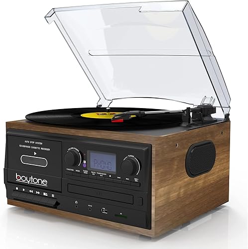 Boytone BT-32W Bluetooth - Tocadiscos clásico todo en uno con radio AMFM, reproductor de CDcassette, altavoces estéreo, grabación de vinilo, radio y