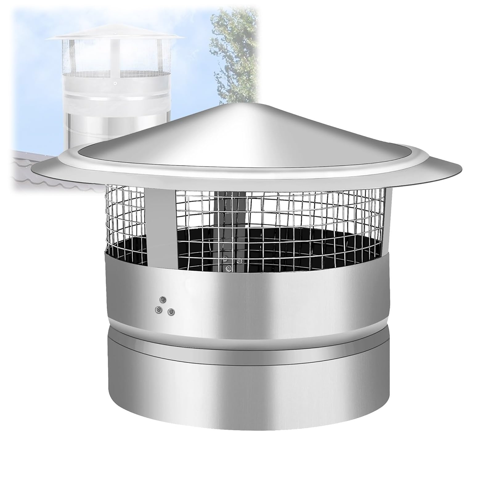 Chapeau de cheminée avec grille de protection pour conduit extérieur en acier toutes saisons