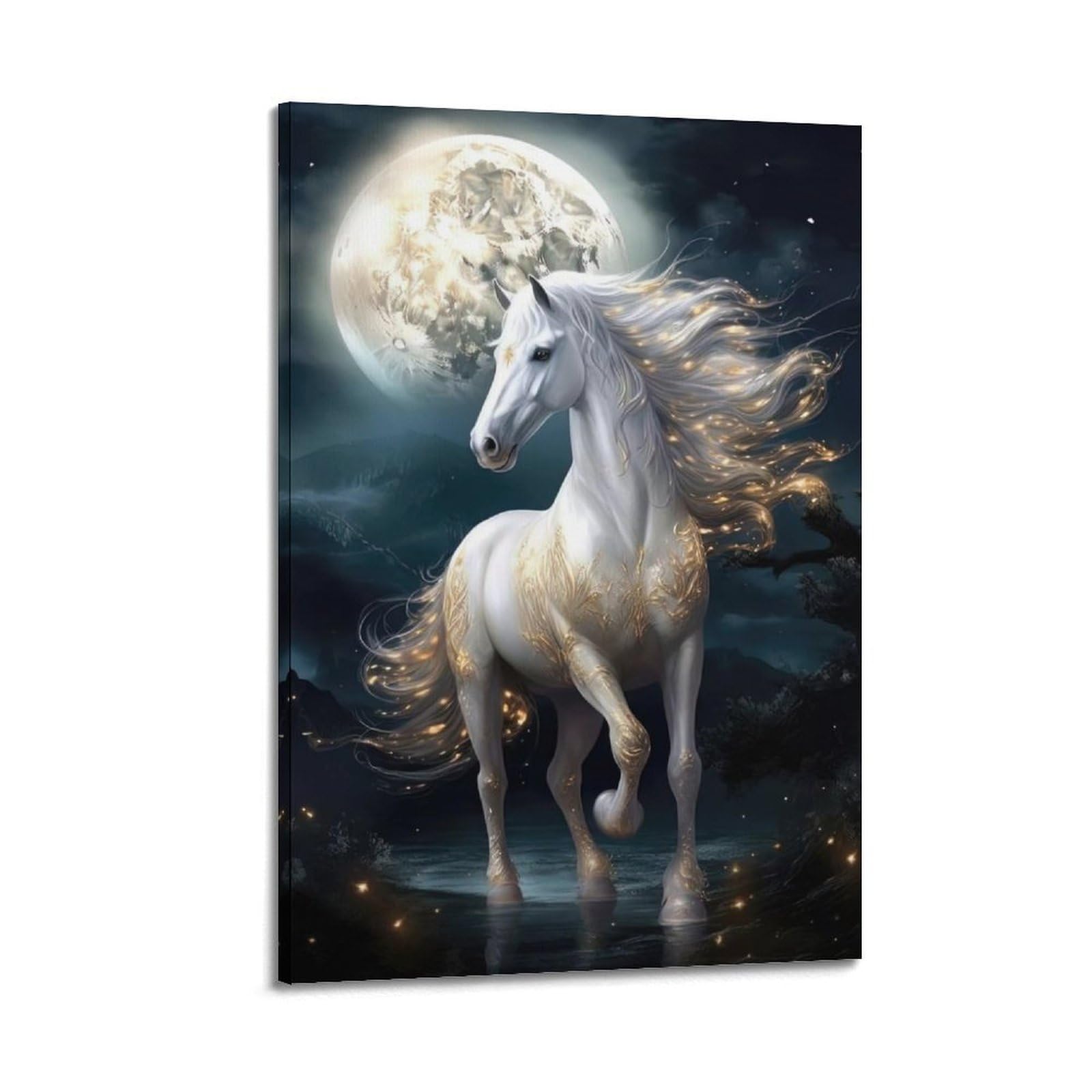 WPHSFX Animal Poster White Horses in The Moonlight Poster Decorative Painting Canvas Wall Posters And Art Picture Print Modern Family Bedroom Decor Posters 24x36inch(60x90cm)