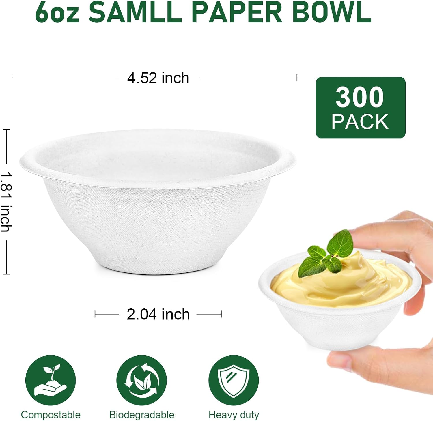 6 oz Disposable Bowls, 300 Pack Compostable Small Paper Bowls, Microwave Safe Mini Bowls for Hot Soup, Ice Cream, Desserts, Biodegradable White Bagasse