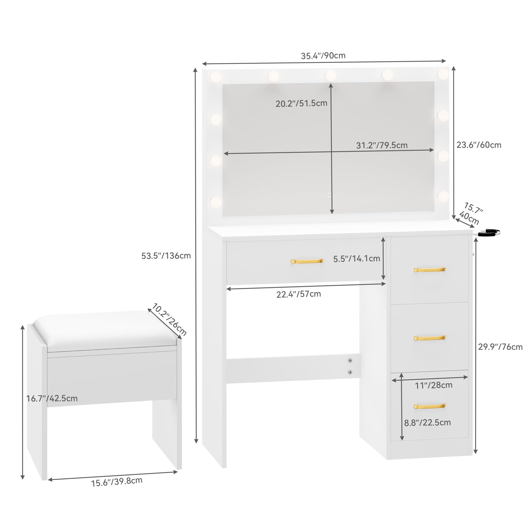 YITAHOME Schminktisch mit Spiegel, Kosmetiktisch mit 4 Schubladen, Frisiertisch mit Hocker, Beleuchtung, Steckdose, Weiß (Make Up Tisch, Frisiertisch, Kosmetiktisch, Vanity Table)