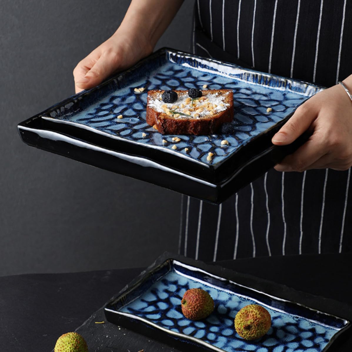Assiette à Sushis en Relief, de Pâtes en Céramique Bleue Ambiance Noël