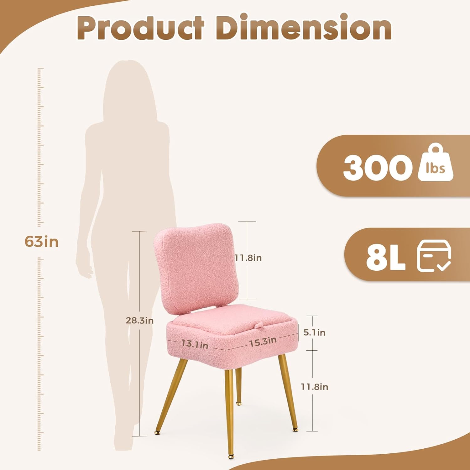 Vanity Chair with Storage and Foldable Backrest - Plush Teddy Fabric, 8L Hidden Storage, 250lbs Capacity, Multi-Functional Makeup Stool Ottoman for Living Room, Bedroom and Bathroom (Pink)