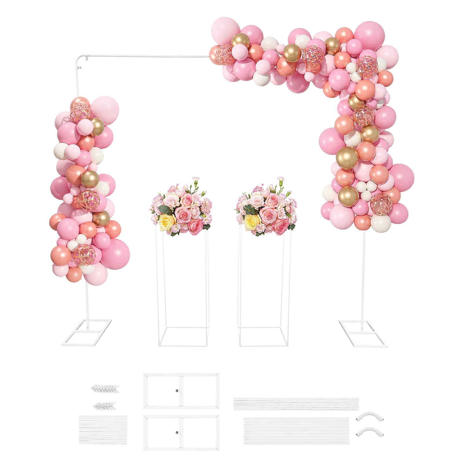 2×2m Ballonständer mit 2 Stück Blumenständern, Hochzeitsständer, Hochzeitskulissenständer, Metall Hochzeitsbogen, Ballonbogen Ständer, Hintergrundständer, für Hochzeiten (Weiß)