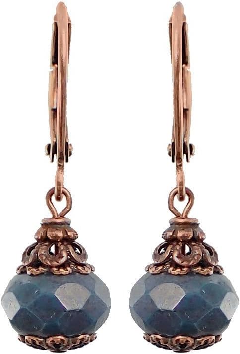 Dark Teal Czech Glass Bead Lever Back Earrings in Antiqued Copper Color