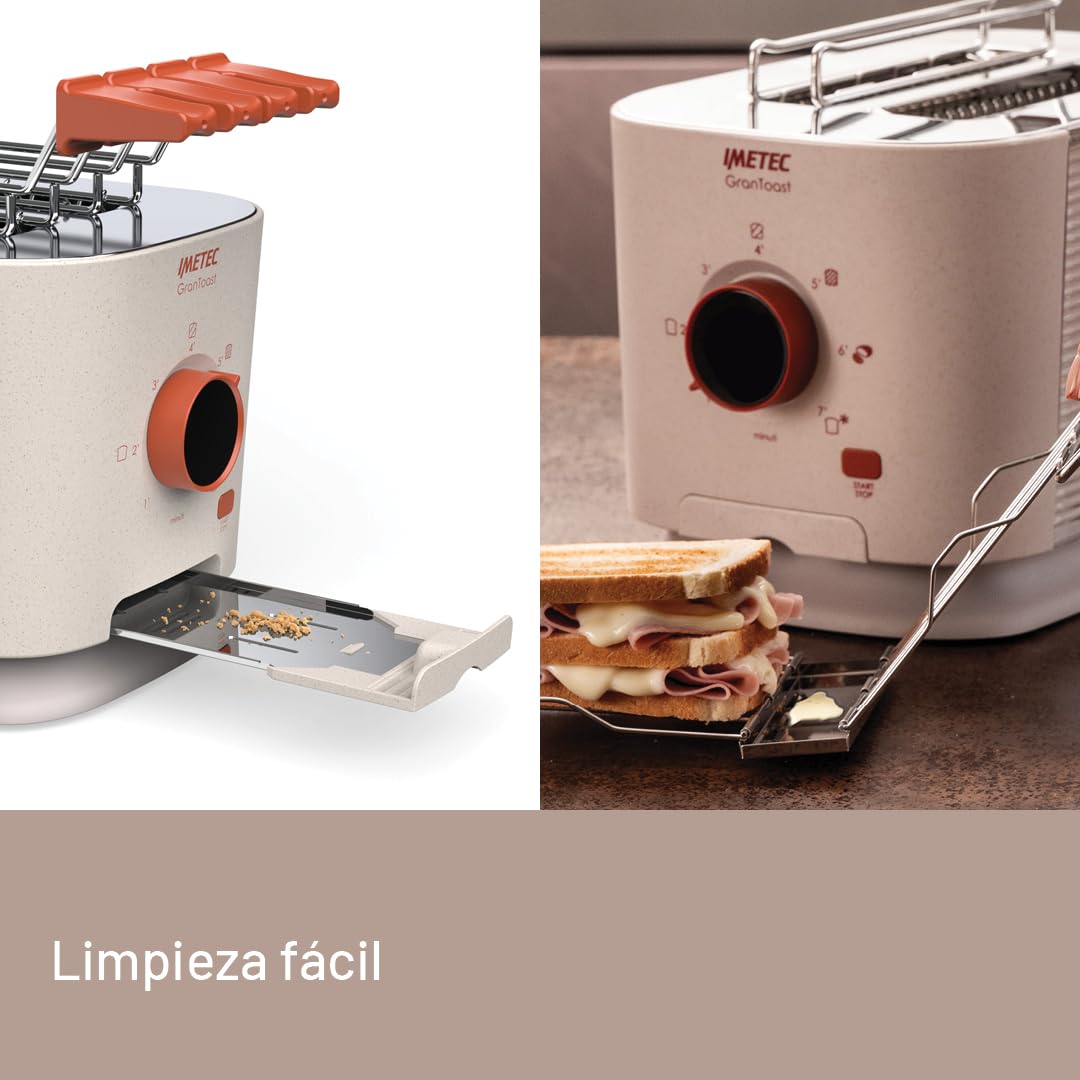 Imetec Grantoast - Tostadora XL de 2 rebanadas con pinzas deslizantes para tostadas rellenas - 7 niveles de dorado, fácil limpieza, pantalla LED, plancha para calentar, temporizador digital