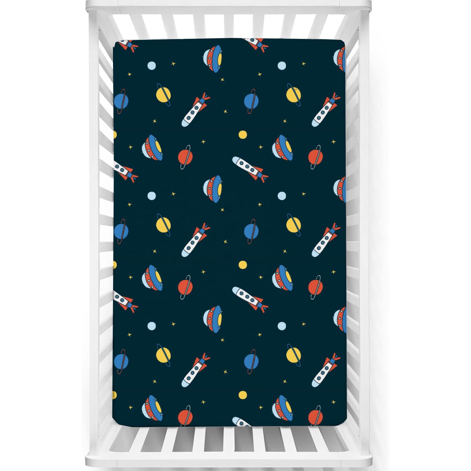 Fitted Cot Crib Sheet | Bed Sheets for Newborn Baby Crib Mattress | Deep Pocket All Round Elastic Fitted Crib Sheet for Baby| Size 132 cm x 71 cm | Crib Sheets - 28"x52" | Planet-Spaceship