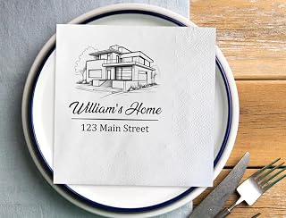 Personalized Modern House Design Paper Napkins, White, Custom Address and Name Print, Dinner Party Table Decor