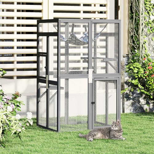Image of Wooden Outdoor Cat Catio Enclosure with Platforms and Hammock Gray