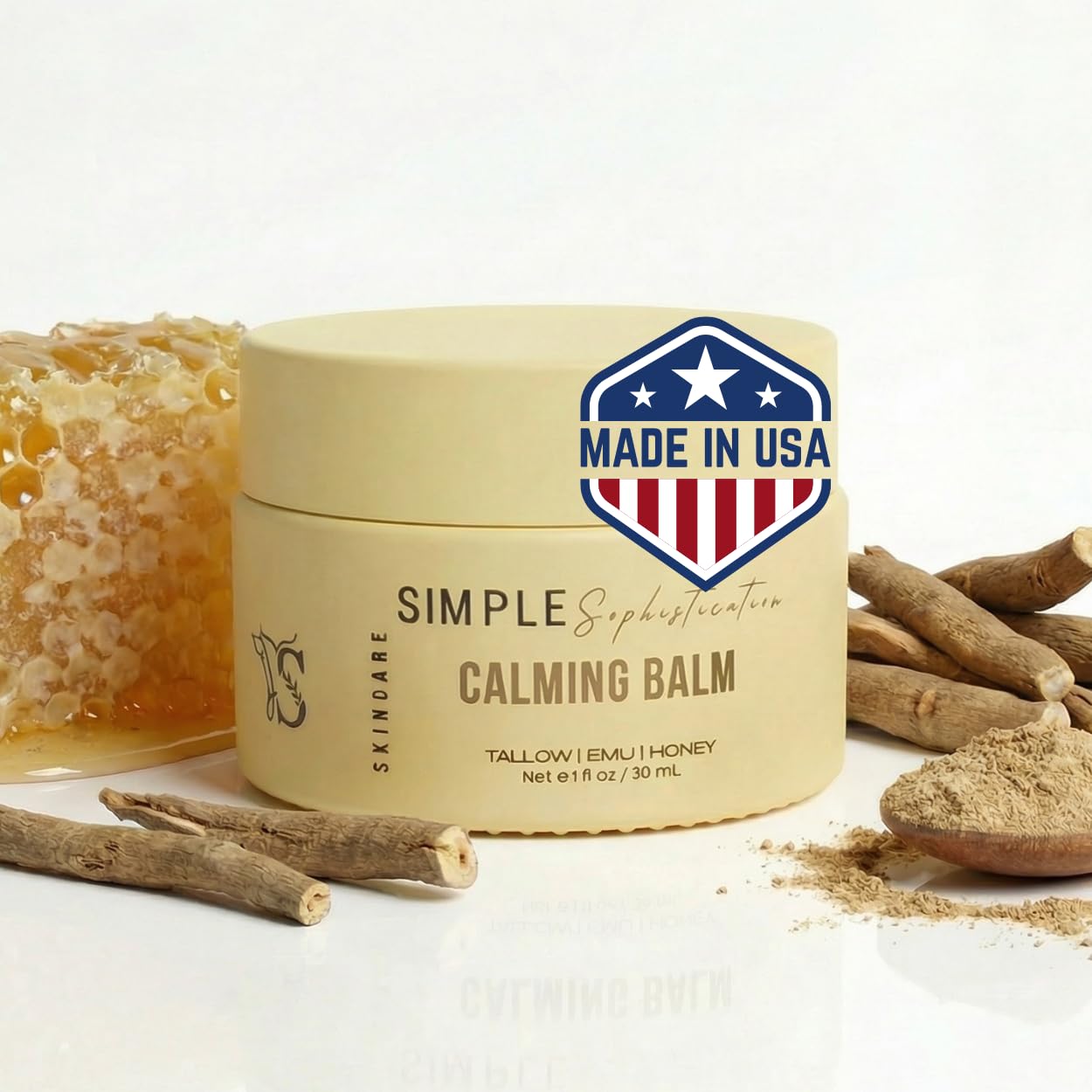Simple Sophistication Tallow Emu Honey Balm | Nourishing Face & Body Moisturizer with Manuka Honey & Emu Oil, Non-Greasy Natural Skincare (Calming Balm with Ashwagandha + Frankincense)