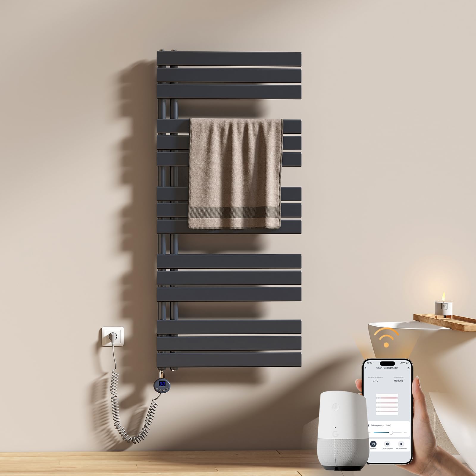 EMKE WiFi Elektrischer Badheizkörper 1320x600 mm 800W Anthrazit Handtuchheizkörper mit Thermostat