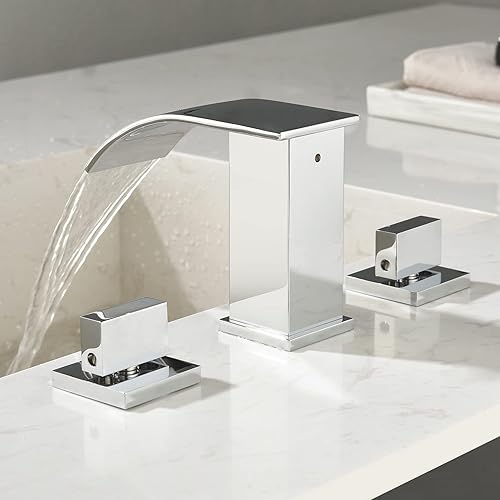 Miniatura 5 de TapLong Grifo de baño de cascada de níquel cepillado, grifo de lavabo de baño moderno de cascada de latón sólido, 3 agujeros, 2 manijas cuadradas,