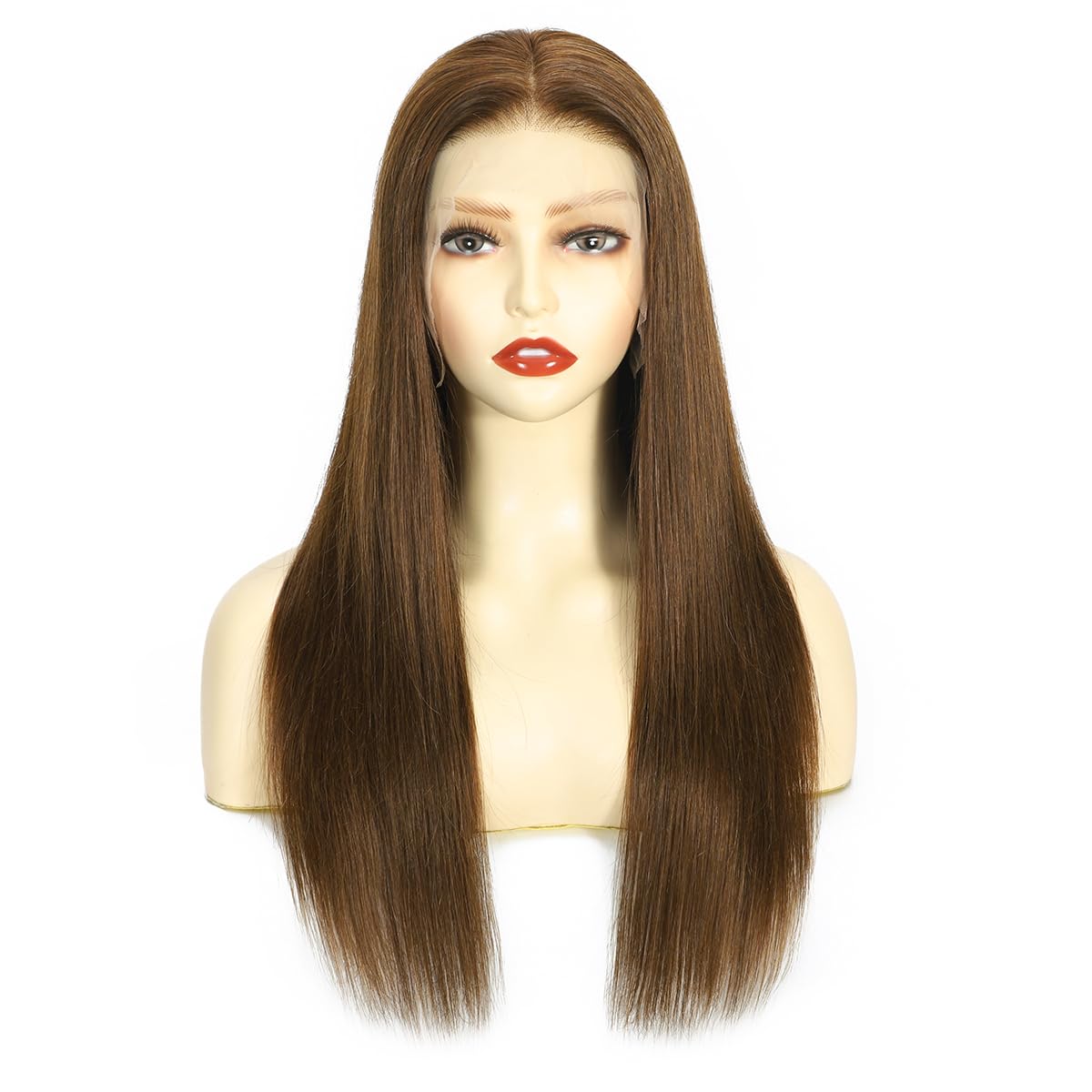 peruka typu lace front, włosy prawdziwe, kolor jasnobrązowy 6#, gładkie 100% Remy, włosy ludzkie, koronkowa podszewka (33x10cm), wyprzężone z małymi włoskami, długość 35,5 cm