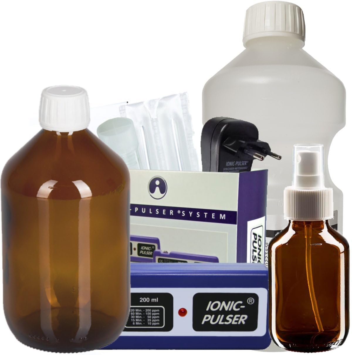 Ionic-Pulser® Standard S - Generador de plata + agua + botella de cristal ámbar de 500 ml y pulverizador de 100 ml con atomizador