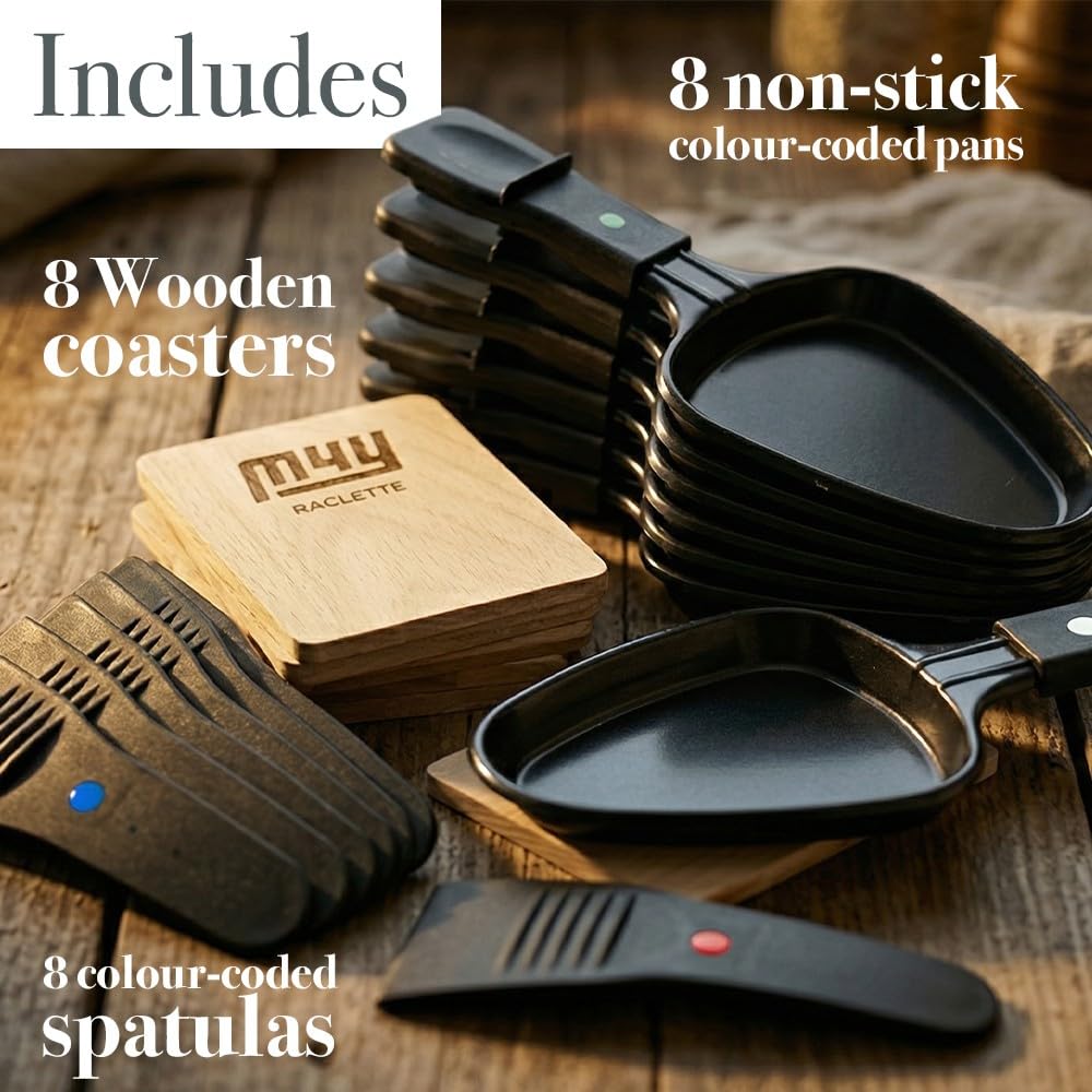M4Y Piastra elettrica per raclette con piastra antiaderente + set di 8 sottobicchieri in legno, 8 padelle antiaderenti per fonduta e formaggio e 8 spatole, controllo termostato da 1200 W