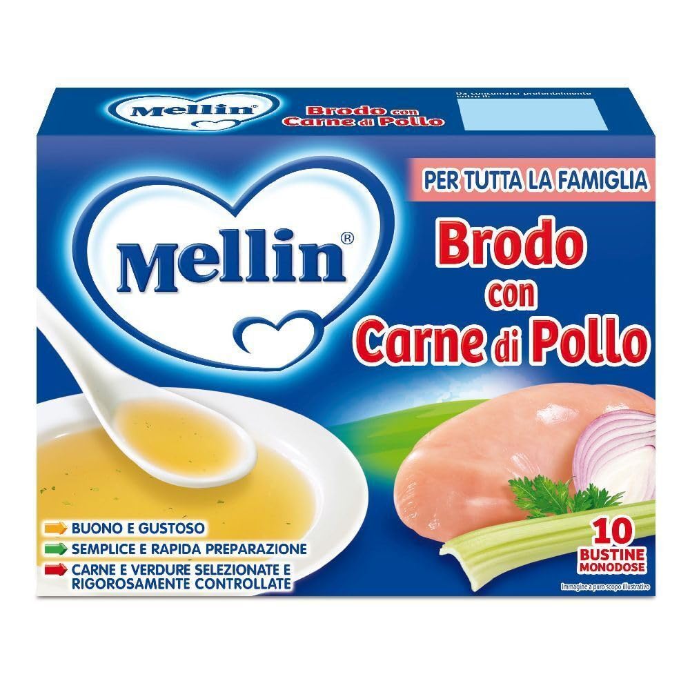 Mellin Brodo con carne di pollo 100% Gusto Delicato, per tutta la famiglia caldo con carne de pollo 100% sabor delicado, para toda la familia 12 x 50 gr + polpa italiana gourmet 400 g
