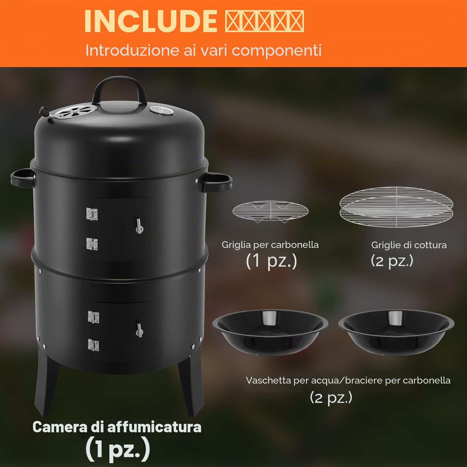 Affumicatore per barbecue, Ø 41 cm, grande griglia outdoor con termometro e 6 fessure di aspirazione, griglia a carbone per campeggio, picnic, giardino e cucina all'aperto