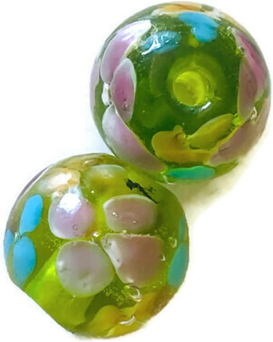 Lampwork Glass Beads Charms Murano European Spacer Flower Loose Bracelet Accessories Floral Clear Assortment Beading Supplies Crystal Colorful Beads for Jewelry Making (15 Pieces). (Greenyellow, 12mm)