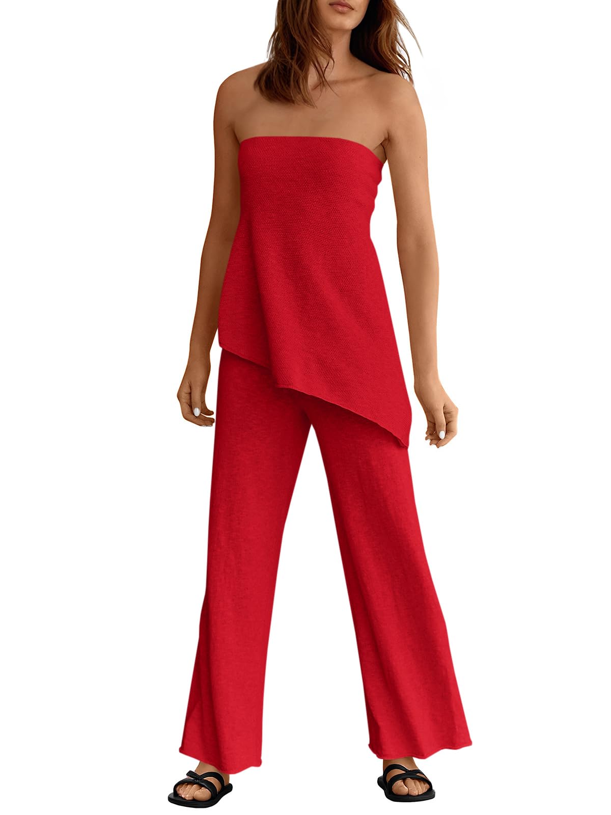Tankaneo Womens 2 Piece Outfits Asymmetrical Tube Top Wide Leg Pants Knit Vacation Travel 2025 Matching Lounge Sets