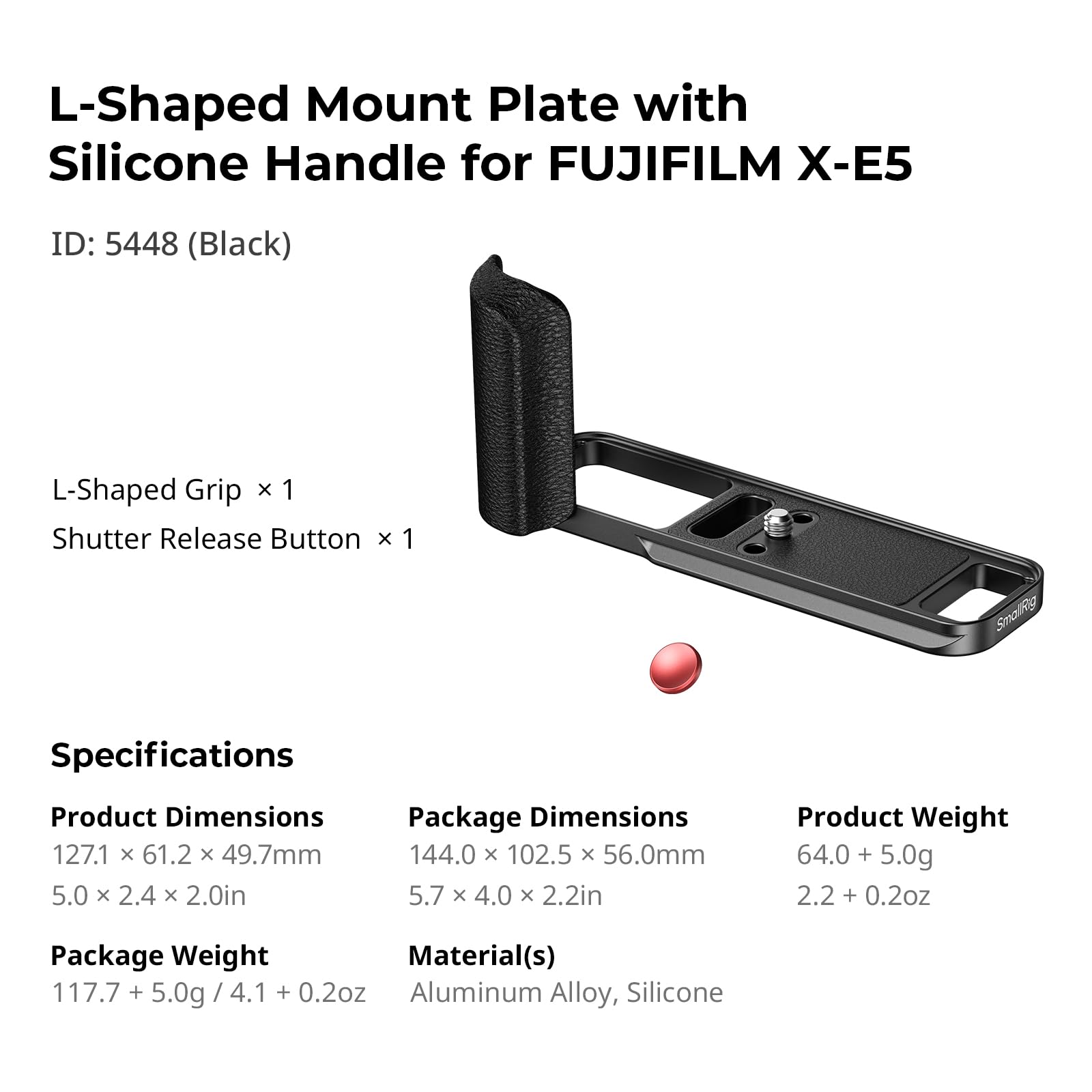 SMALLRIG X-E5 L-förmiger Handgriff für FUJIFILM Kamera, integrierte Schnellwechselplatte für Arca, 1/4"-20 Löcher, Leichter ergonomischer Silikon-Handgriff, Auslöser (Schwarz) – 5448