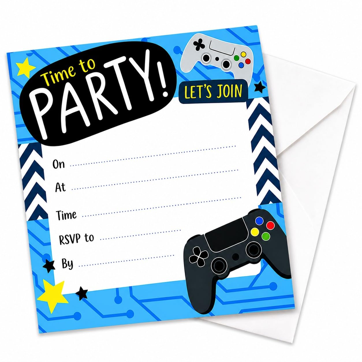 12/24 Gaming Party Invitations – Video Game Birthday Invites with Envelopes | Gamer-Themed Party Supplies | Card | 13.5 x 13.5 cm | Boys & Girls Birthday Party Invitations (24)