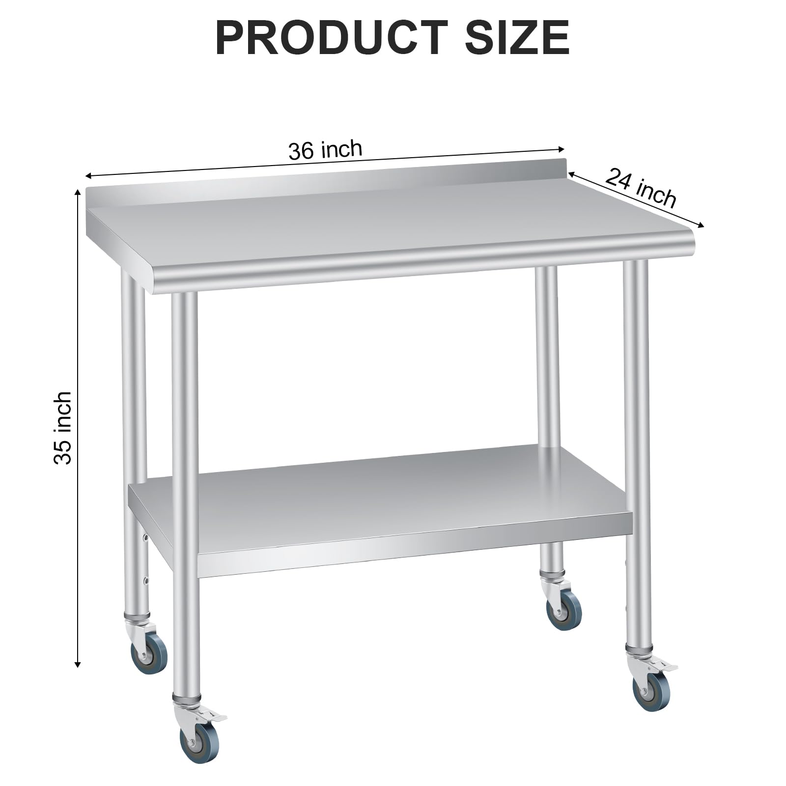 Mesa de preparación de acero inoxidable, 36 x 24 pulgadas, con protector contra salpicaduras, estante inferior ajustable y 4 ruedas giratorias, mesa comercial resistente con estante inferior ajustable