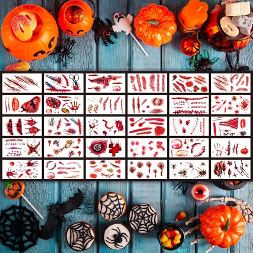 Image of Zeecdatoo 34 Sheets Joker Tattoos, Halloween Temporary Tattoos for Halloween Cosplay Costumes and Party Accessories, Halloween Face Zombie Fake Scars Tattoos (Large Size)