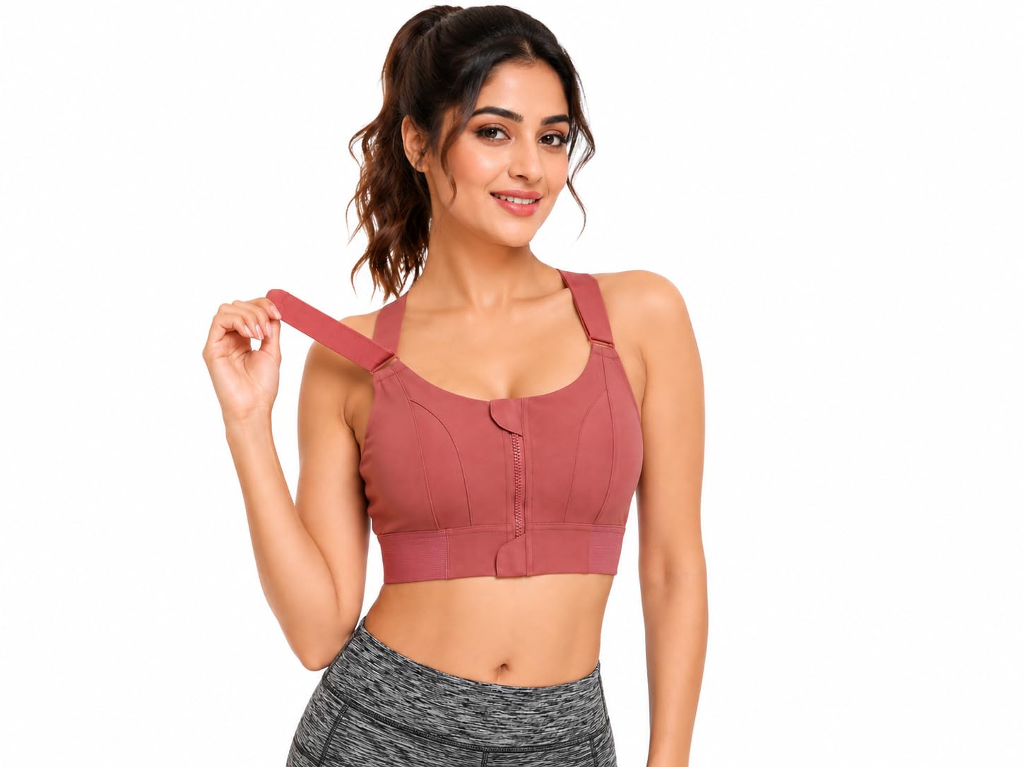 Women's Front Zip Sports Bra Longline Criss Cross Back Crop Top Dusty Rose-picture-47