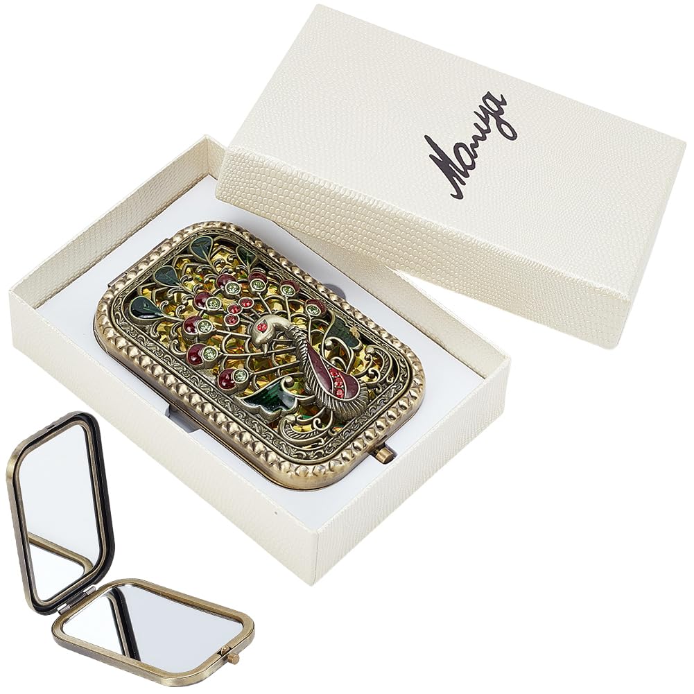 SOFPLATE Vintage Makeup Mirror Foldable Metal Mirror Portable Cosmetic Pocket Compact Double Sided Touch up Essential with Normal and Magnifying Glass Peacock Pattern Mini Vanity for Women Travel