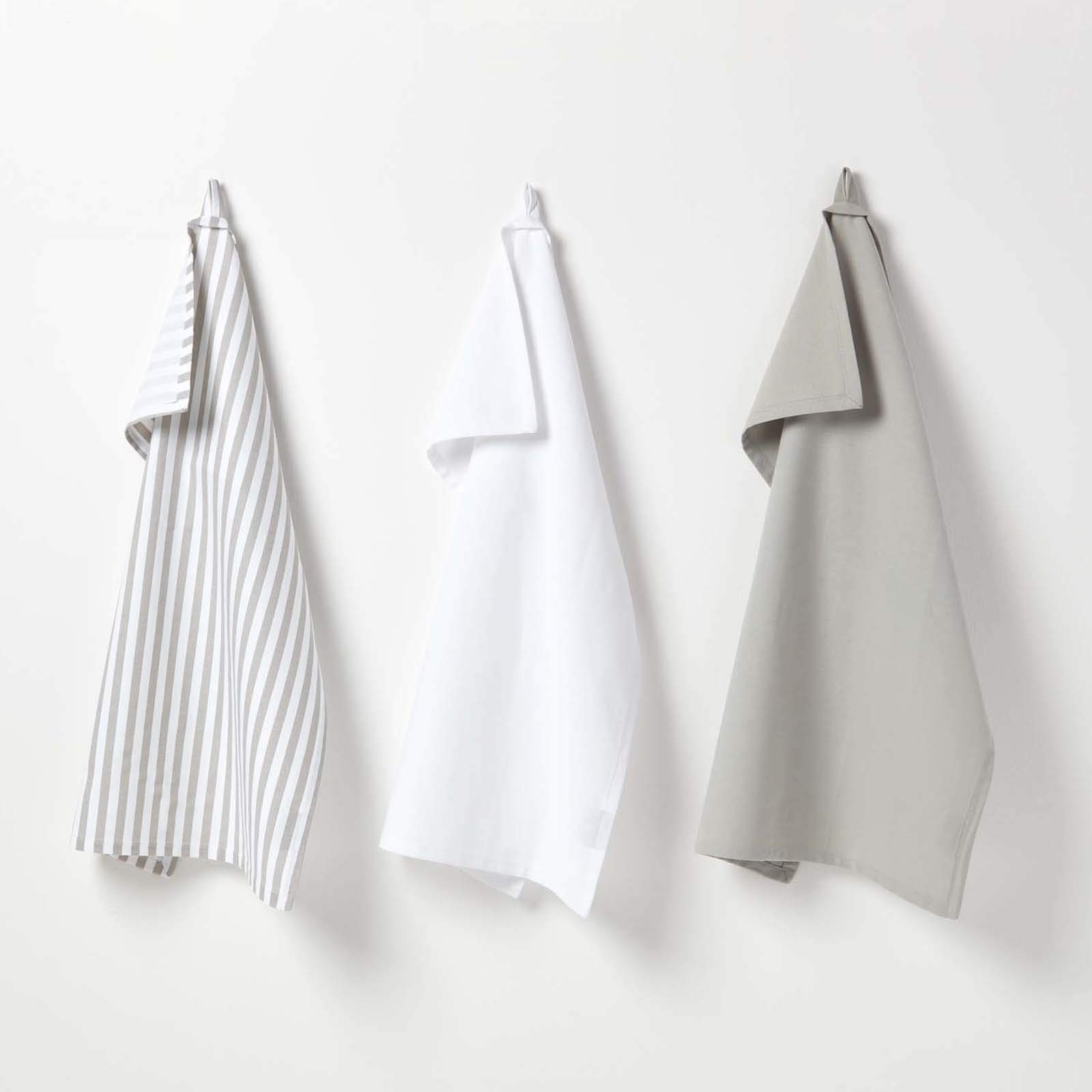 Homescapes - Pure Cotton Tea Towels Set Of Three - Thin Stripe - Grey White - 50 X 70 Cm - Fully Coordinated Washable Kitchen Linen White,Grey