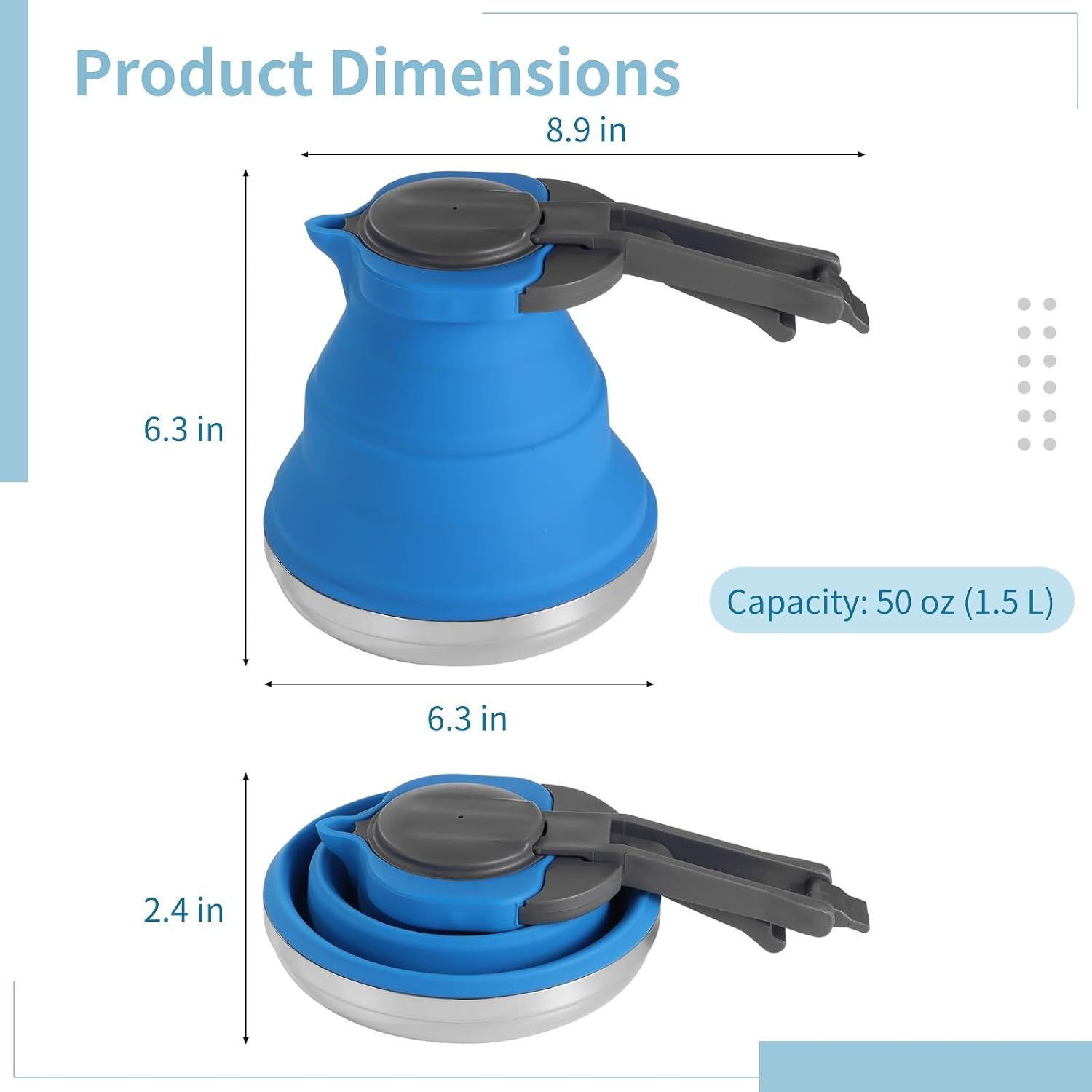 1.5L Collapsible Silicone Kettle, Portable Camping Kettle, Folding Travel Tea Kettle, Anti-Scald Plastic Handle, Stainless Steel Bottom for Gas, Electric, Induction Stoves, 50oz Outdoor Hiking Water P