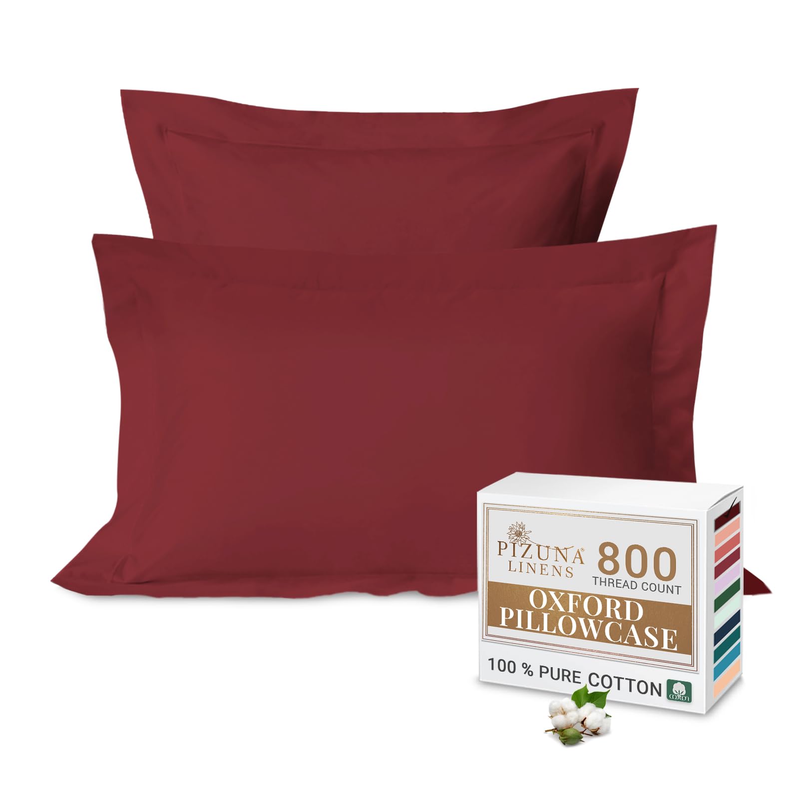 Pizuna Luxurious Cotton Standard Pillowcases 2 Pack Rio Red 50x75cm, 800 Thread Count Long Staple Combed Cotton Pillow Cover, Crisp Sateen Weave Oxford Pillow Cases (Luxury Pillowcase 2 PC)