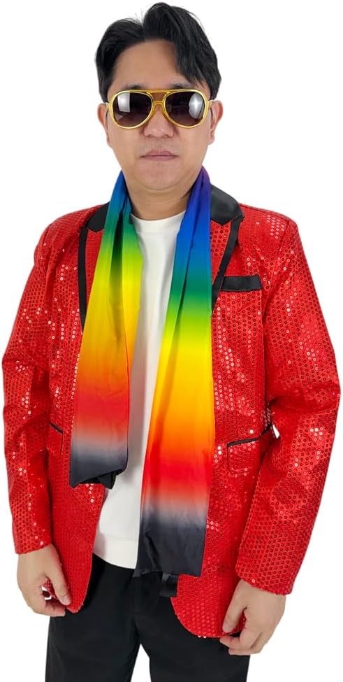 Jacket(Large size)+Streamer+Sunglasses+Hat Set, One Button Sequin Dress Suit Jacket Party Festival Tuxedo Sport Coat