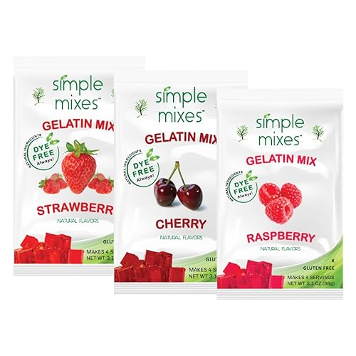 Simple Mixes Postre de gelatina natural, frambuesa, fresa y cereza, aperitivo saludable, sin colorantes, sin gluten ni grasa, Kosher, paquete de 3