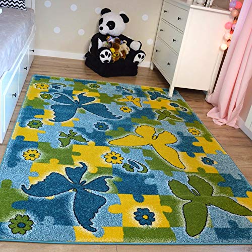 Tapis pour enfant bleu motif papillon 140 x 190 cm grand tapis de chambre