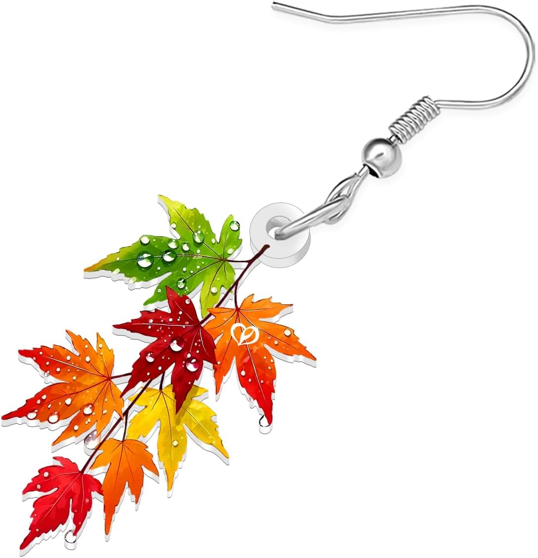 Acrylic Cute Thanksgiving Maple Leaf Dangle Earrings Fall Gifts for Women, Colorful Leaves Earrings with Water Droplets Design, Autumn Jewelry for Nature Lovers - Image 4