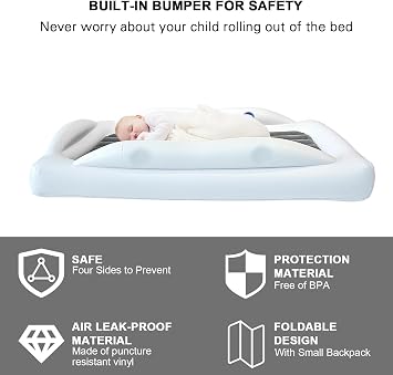 Inflatable Toddler Travel Bed - 61 Inches With Pillow Portable Toddler Bed for Travel with Safety Sides - Cozy Kids Air Mattress Set with Built-in Electric Pump & Carry Case- Easy to Inflate - Grey