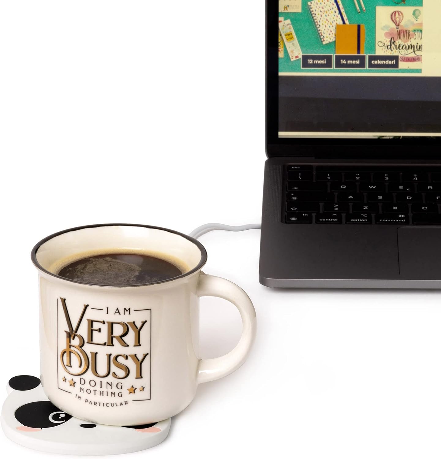 Mug on Legami Warm It Up Panda USB Mug Warmer connected to laptop