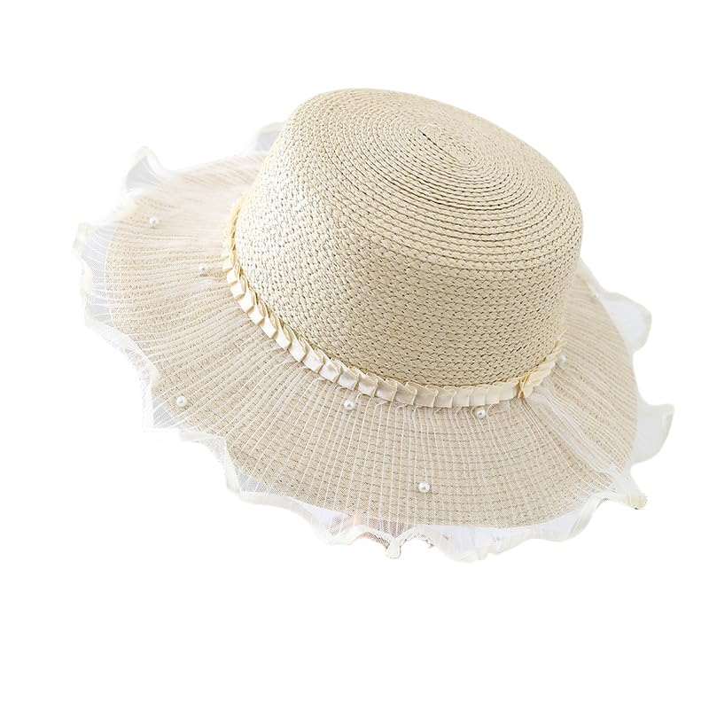 Sombrero de Paja de ala Ancha Ajustable para Mujer,con Visera y Encaje de Perla,Protección UV,Cómodo y Transpirable, Playa y Actividades Al Aire Libre