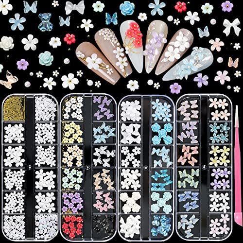 ueforrza Nail Art Rhinestones Set, 3D Butterfly Flower Bear Nail Decorations for Nail Art, Nail Charms Nail Gems Nail Rhinestones for Nails, Nail Accessories for Nail Art (4 Boxes)