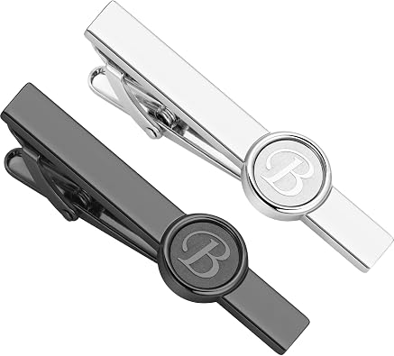 AMITER Mens Tie Clip with 26 Letters, Skinny Necktie Bar for Men Business Wedding Anniversary - Black & Silver