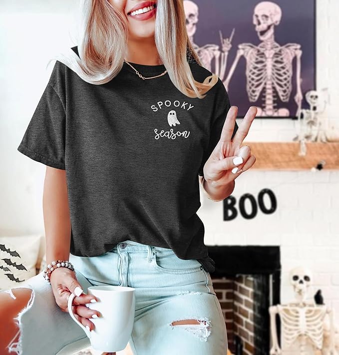 Halloween Shirts for Women Cute Ghost Embroidered Shirt Spooky Season Letters Printed T-Shirt Fall Tee Top2