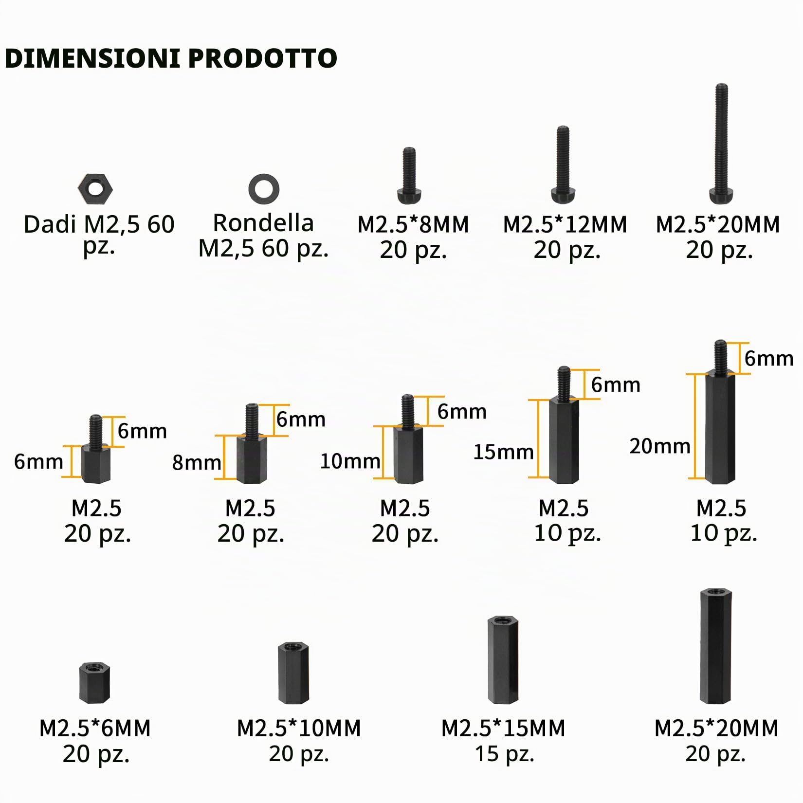 335 Pz M2.5 Distanziatori Esagonali in Nylon Nero, Hex Distanziatore Maschio Femmina in Nylon, Viti a Testa Croce Bulloni e Dadi Set, Vite e Dado e Rondelle Assortimento Kit per Scheda Madre PCB