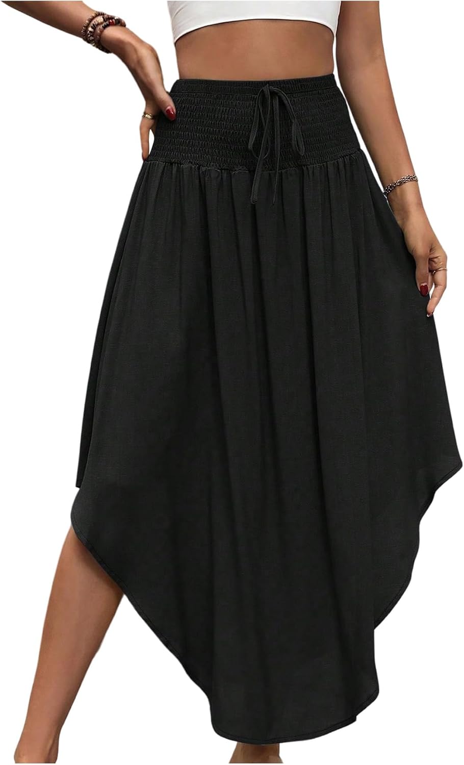 Verdusa Women's Asymmetrical Ruffle Maxi Skirt Shirred Drawstring High Waisted Long Skirts