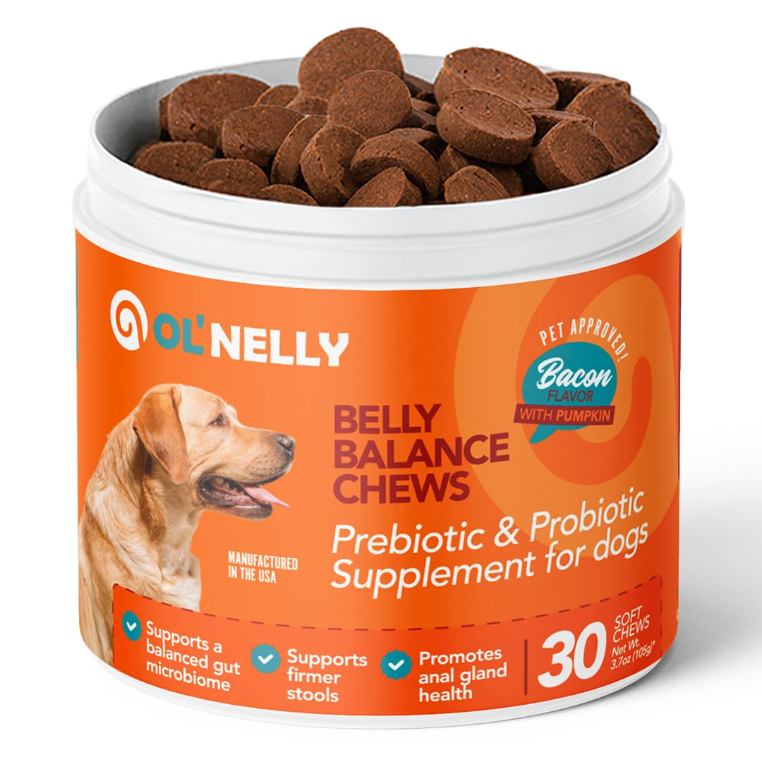 Ol'Nelly Pre & Probiotics for Dogs- 30 Soft Chews (Bacon) - Daily Dog Probiotics for Digestive & Gut Health - Diarrhea, Gas & Constipation Relief -All