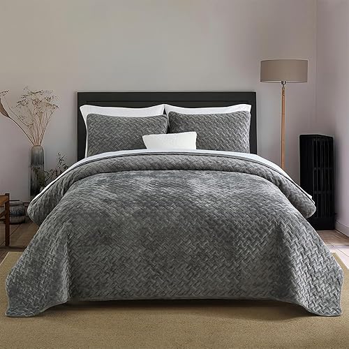 Juego de ropa de cama de terciopelo, lujoso, elegante, ultra suave, colcha acolchada de algodón con patrón de costura para todas las estaciones,