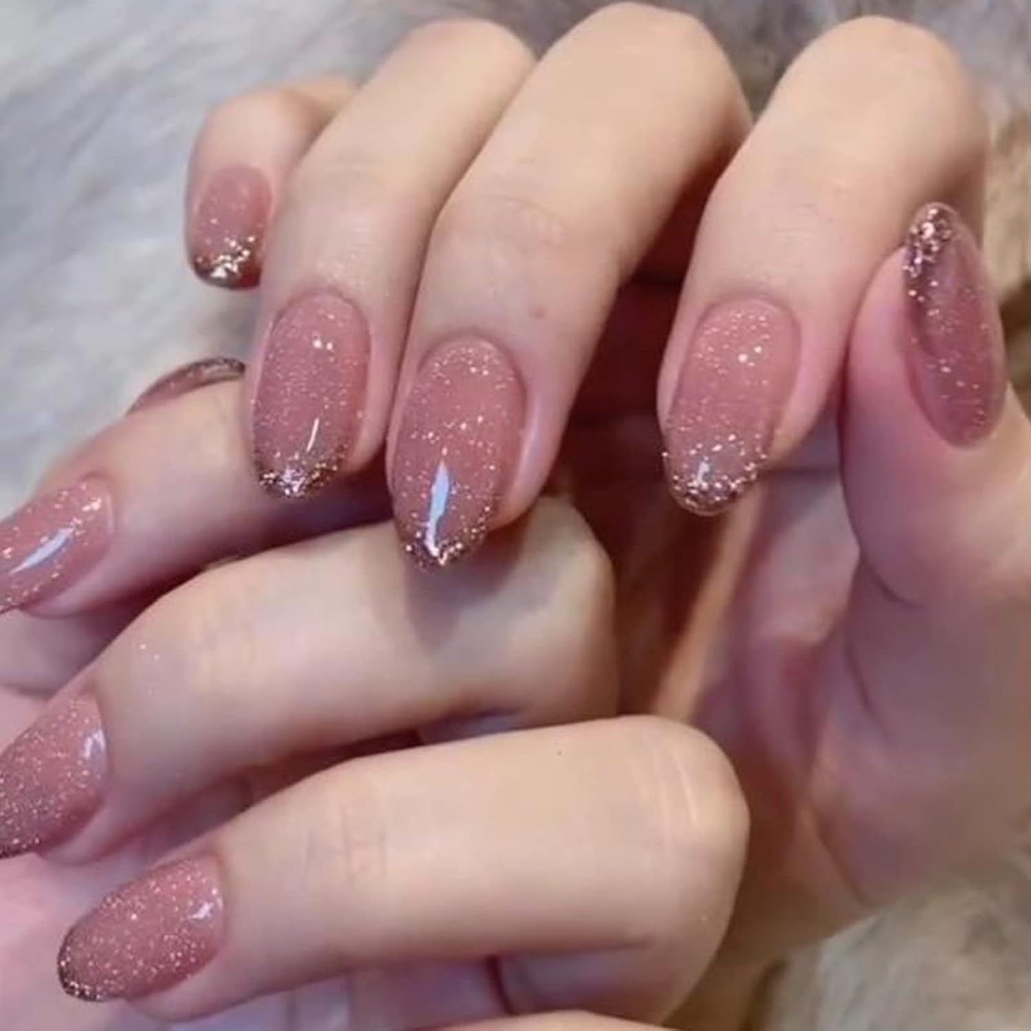 Nymira Pink Glitter Press On Nails Short Almond French Tip Set-image-46