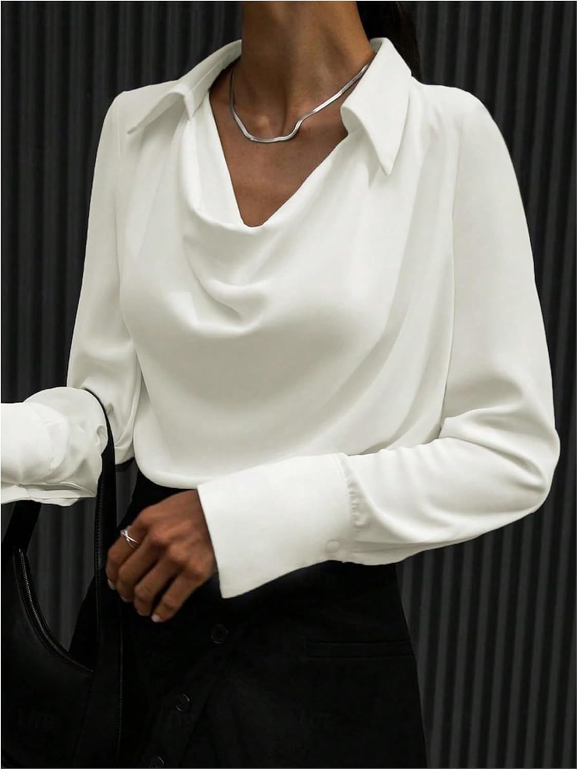 SHENHE Women's Cowl Neck Shirts Slim Fit Casual Outfits Long Sleeve Pullout Blouse White Medium - Image 2